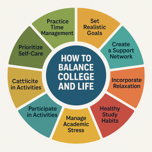 Infographic illustrating practical strategies for balancing college life and personal well-being.