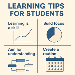 Infographic illustrating seven effective study strategies for school students, including routines, focus tips, and brain-boosting habits.