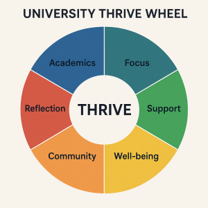 University Thrive Wheel showing six key areas: Academics, Focus, Support, Well-being, Community, and Reflection.