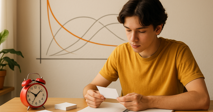Teen student using flashcards at a desk to practice active recall and spaced repetition before exams.